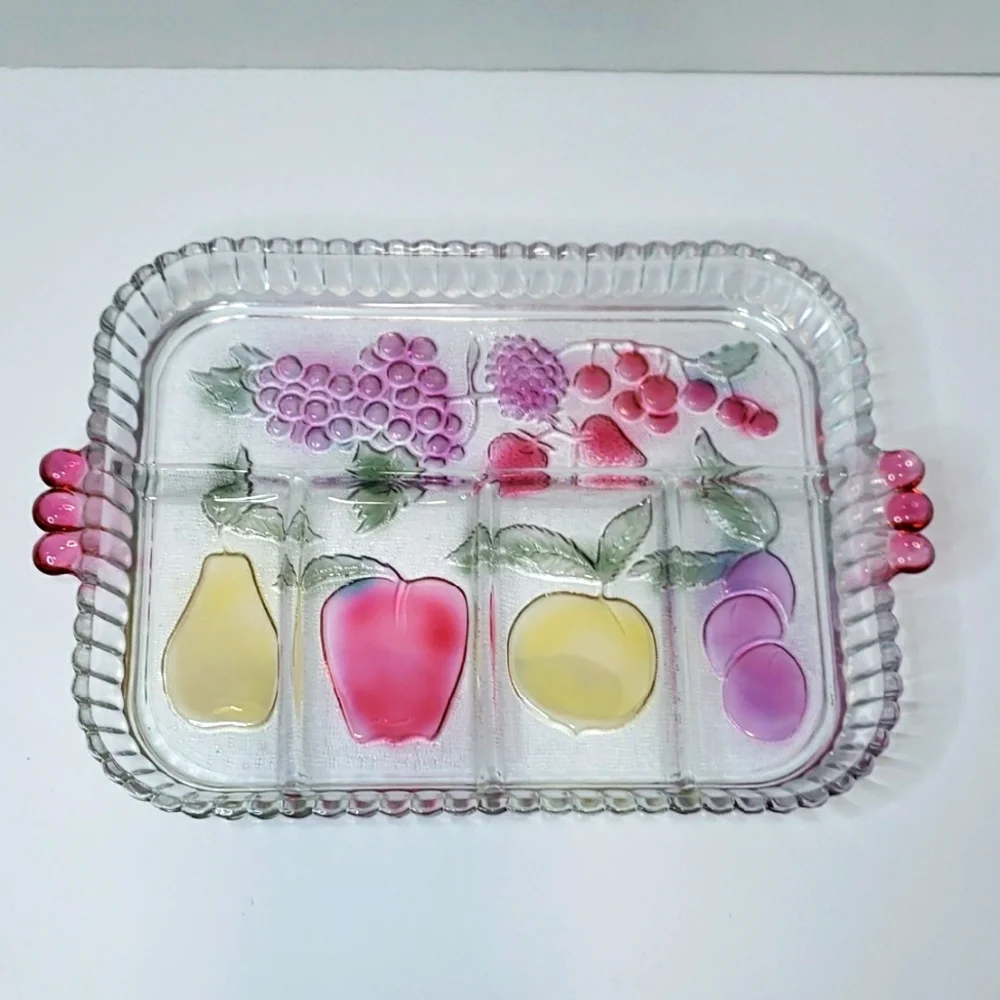 Vintage Clear Glass Divided‎ Relish Tray with Fruit Design and Pink Handles